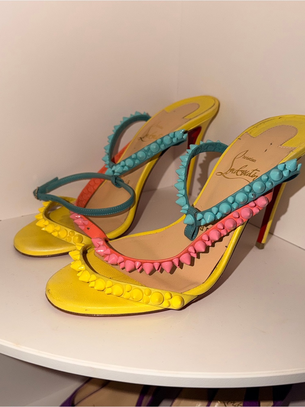 Christian Louboutin Yellow Pink Turquoise Studded Stiletto Sandals